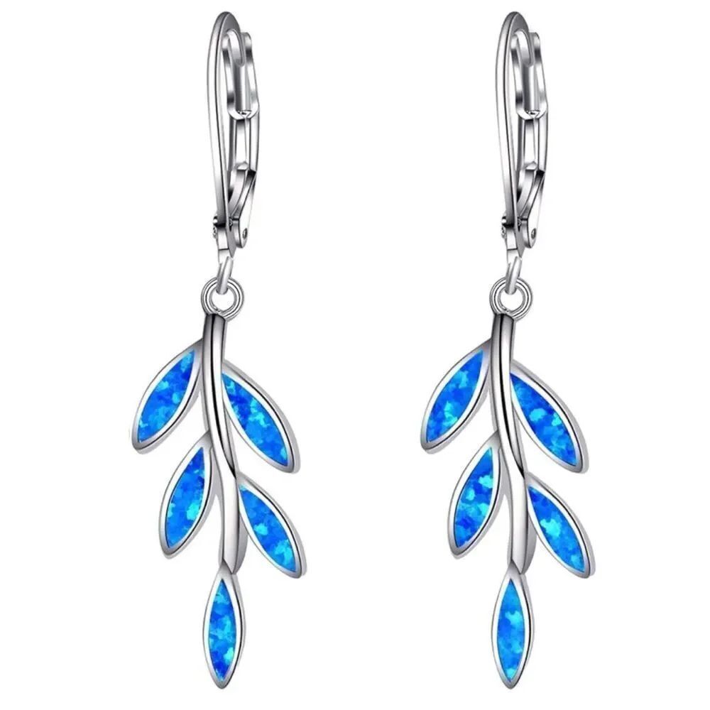 14K White Gold with Genuine Blue Fire Opal Leaf Shape Leverback Dangle Earrings